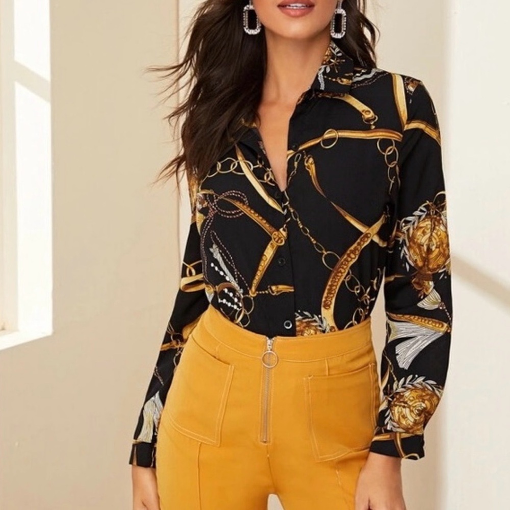 SHEIN Black and Gold Chain Print Button Down Shirt